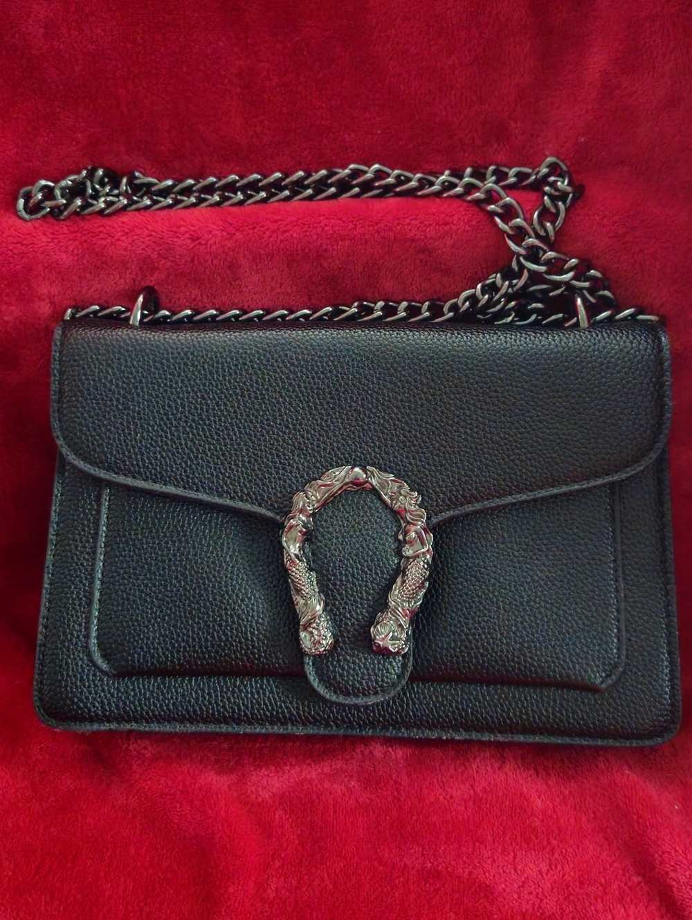 Black Pebble Leather Chain Shoulder Bag with Silver-Tone Hardware
